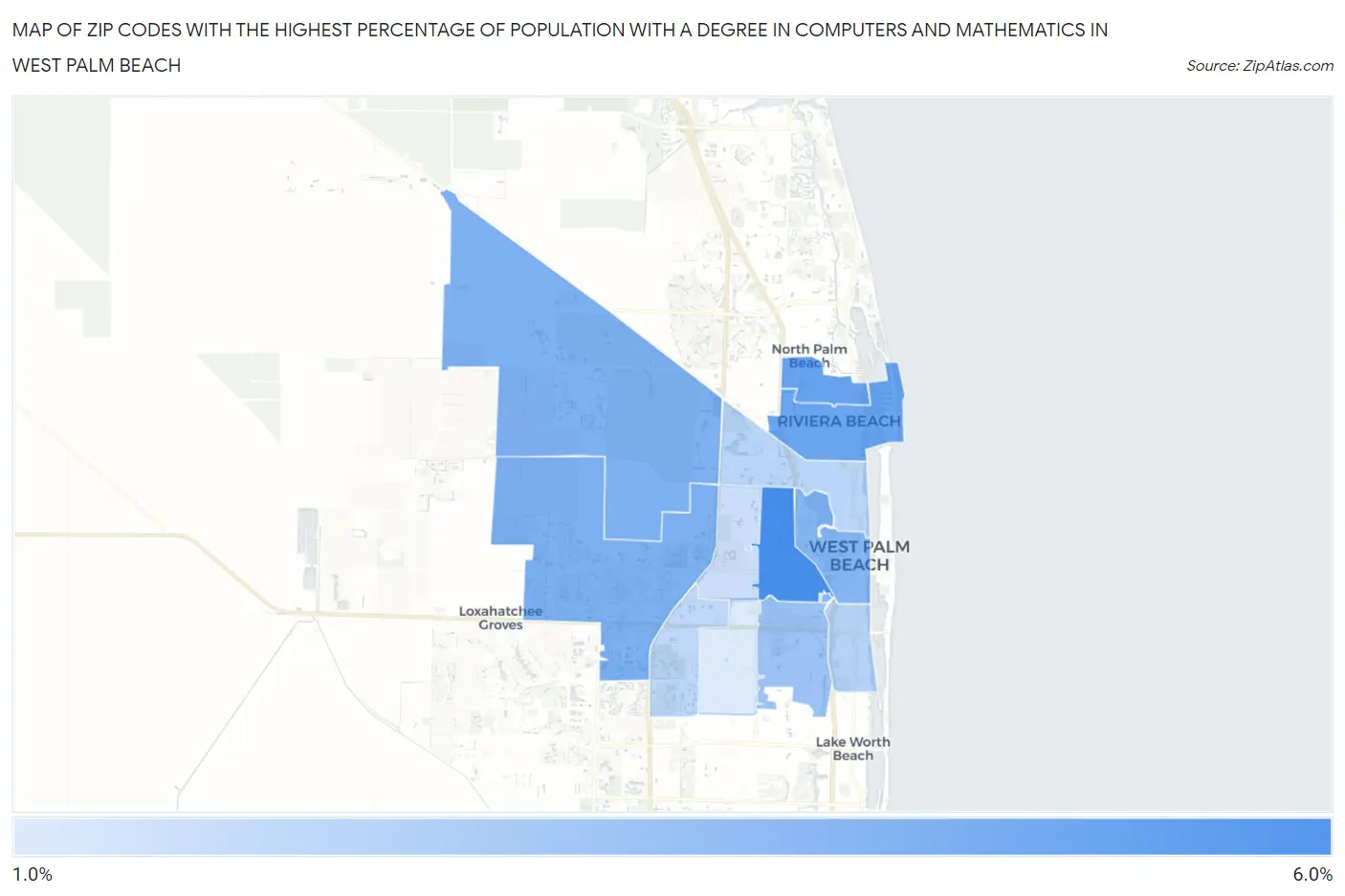 Zip Codes with the Highest Percentage of Population with a Degree in Computers and Mathematics in West Palm Beach Map
