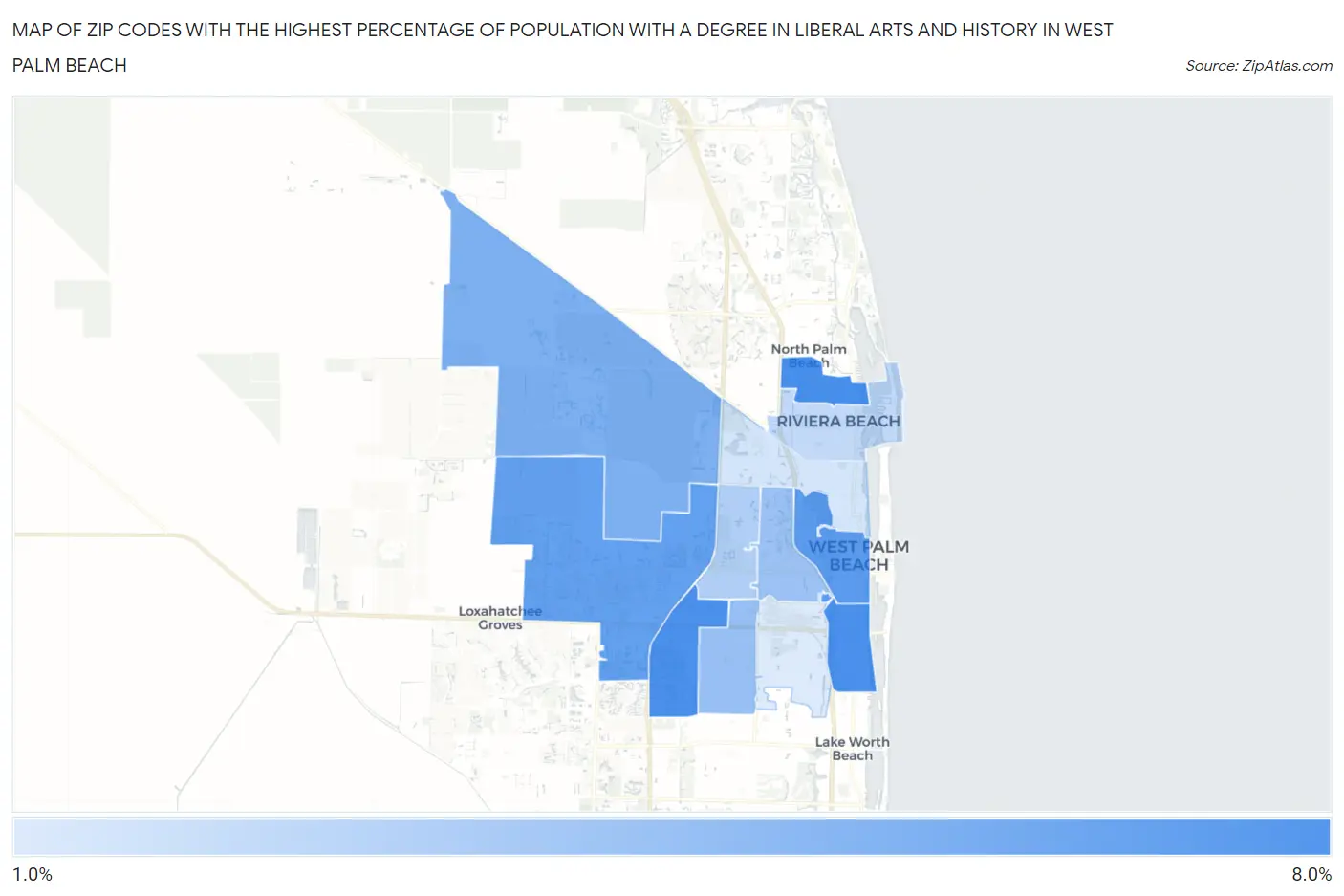 Zip Codes with the Highest Percentage of Population with a Degree in Liberal Arts and History in West Palm Beach Map