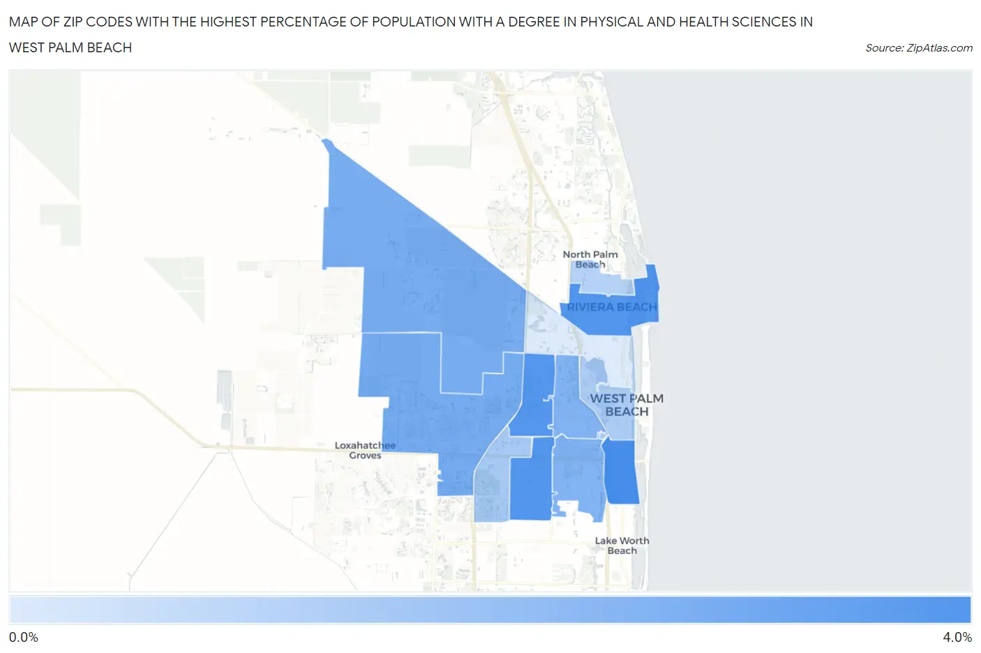 Zip Codes with the Highest Percentage of Population with a Degree in Physical and Health Sciences in West Palm Beach Map