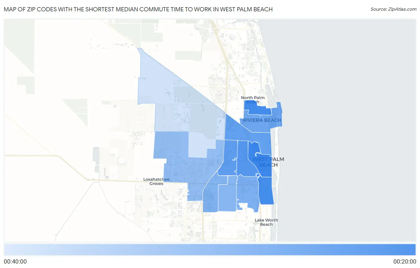 Zip Codes with the Shortest Median Commute Time to Work in West Palm Beach Map