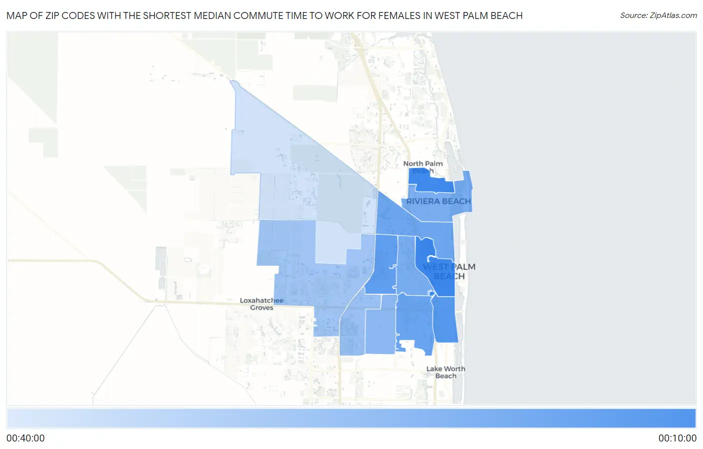 Zip Codes with the Shortest Median Commute Time to Work for Females in West Palm Beach Map