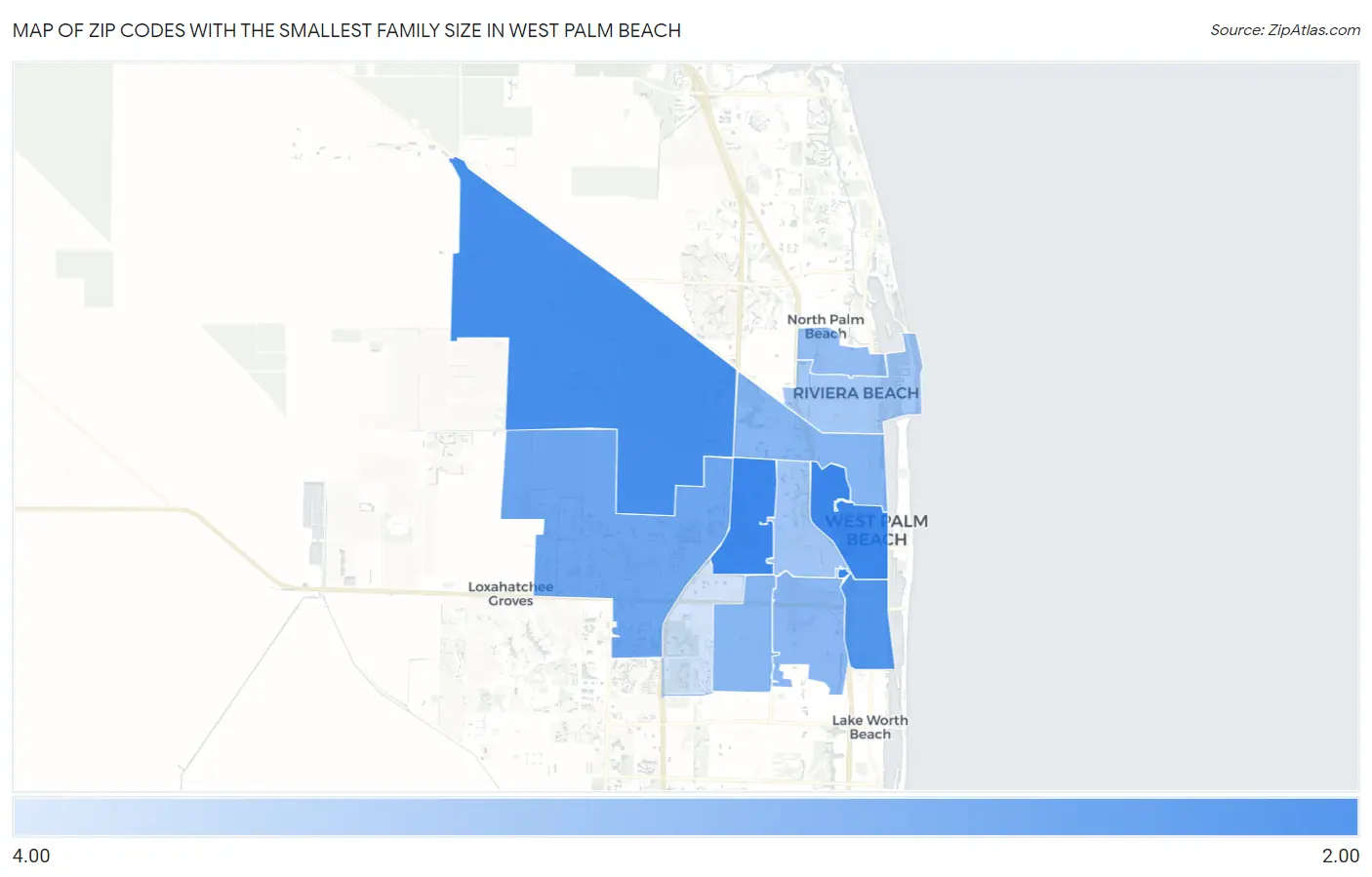 Zip Codes with the Smallest Family Size in West Palm Beach Map