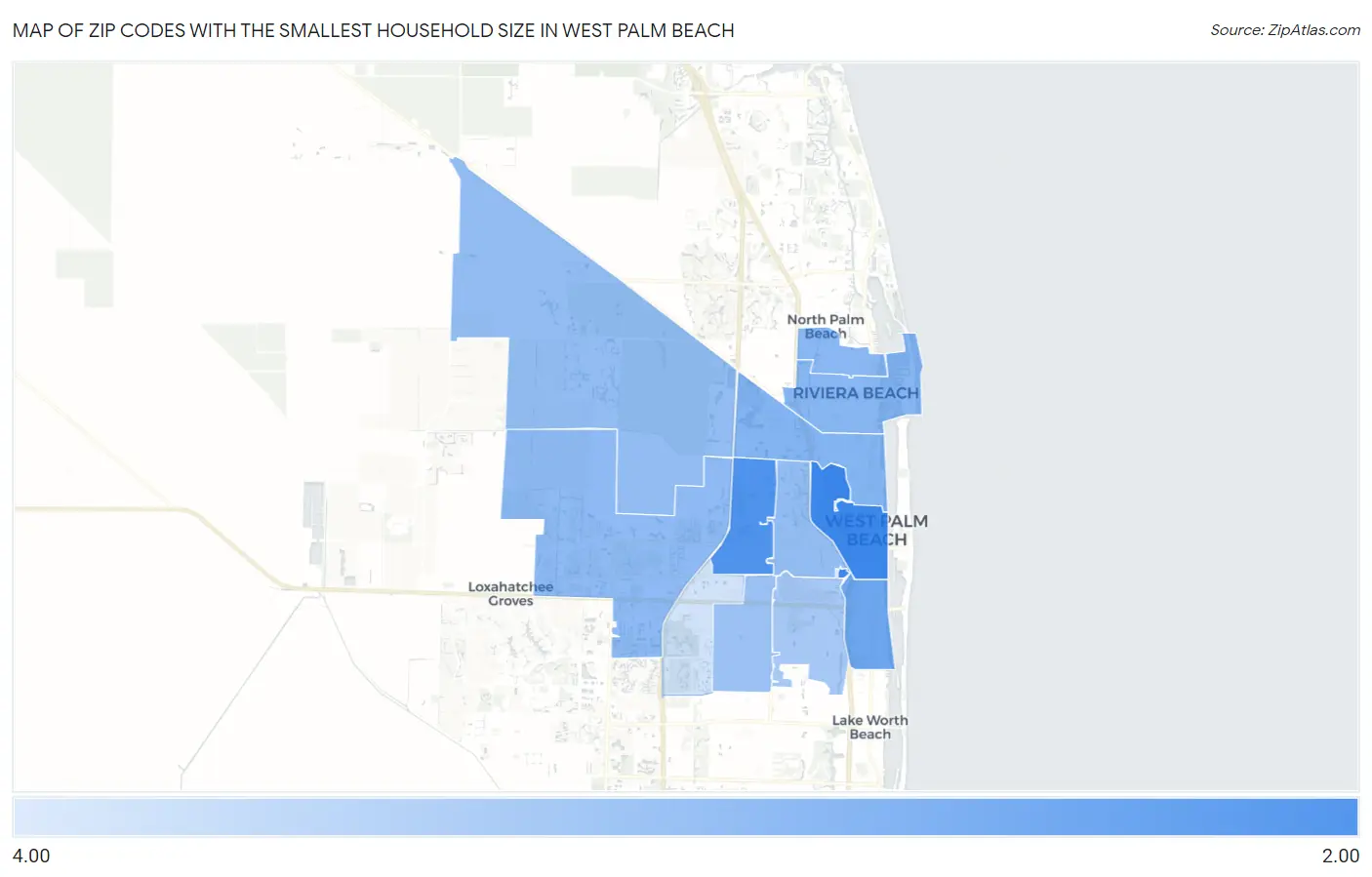 Zip Codes with the Smallest Household Size in West Palm Beach Map
