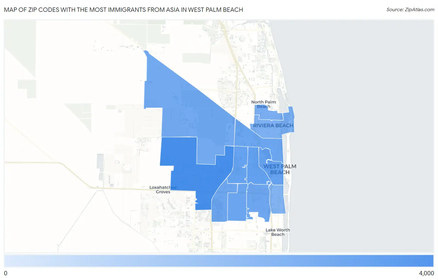 Zip Codes with the Most Immigrants from Asia in West Palm Beach Map