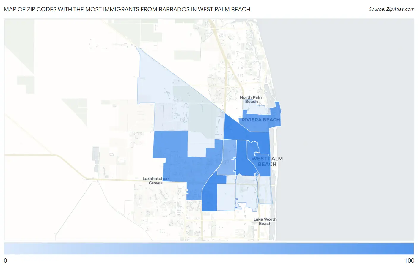 Zip Codes with the Most Immigrants from Barbados in West Palm Beach Map
