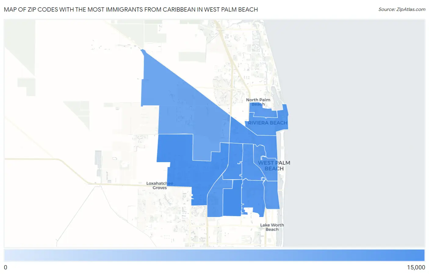 Zip Codes with the Most Immigrants from Caribbean in West Palm Beach Map