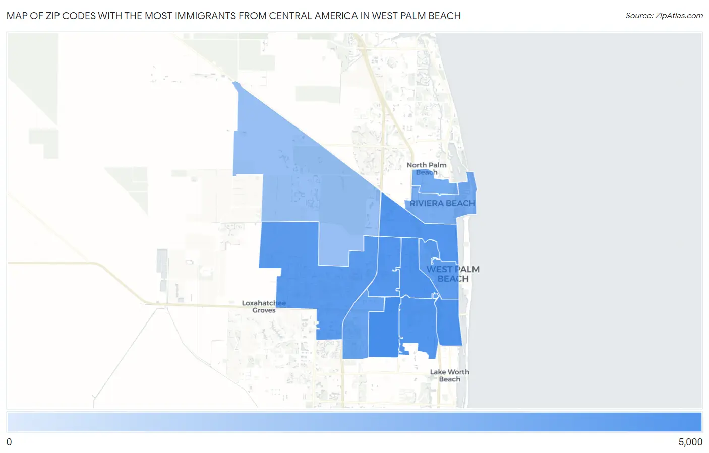 Zip Codes with the Most Immigrants from Central America in West Palm Beach Map