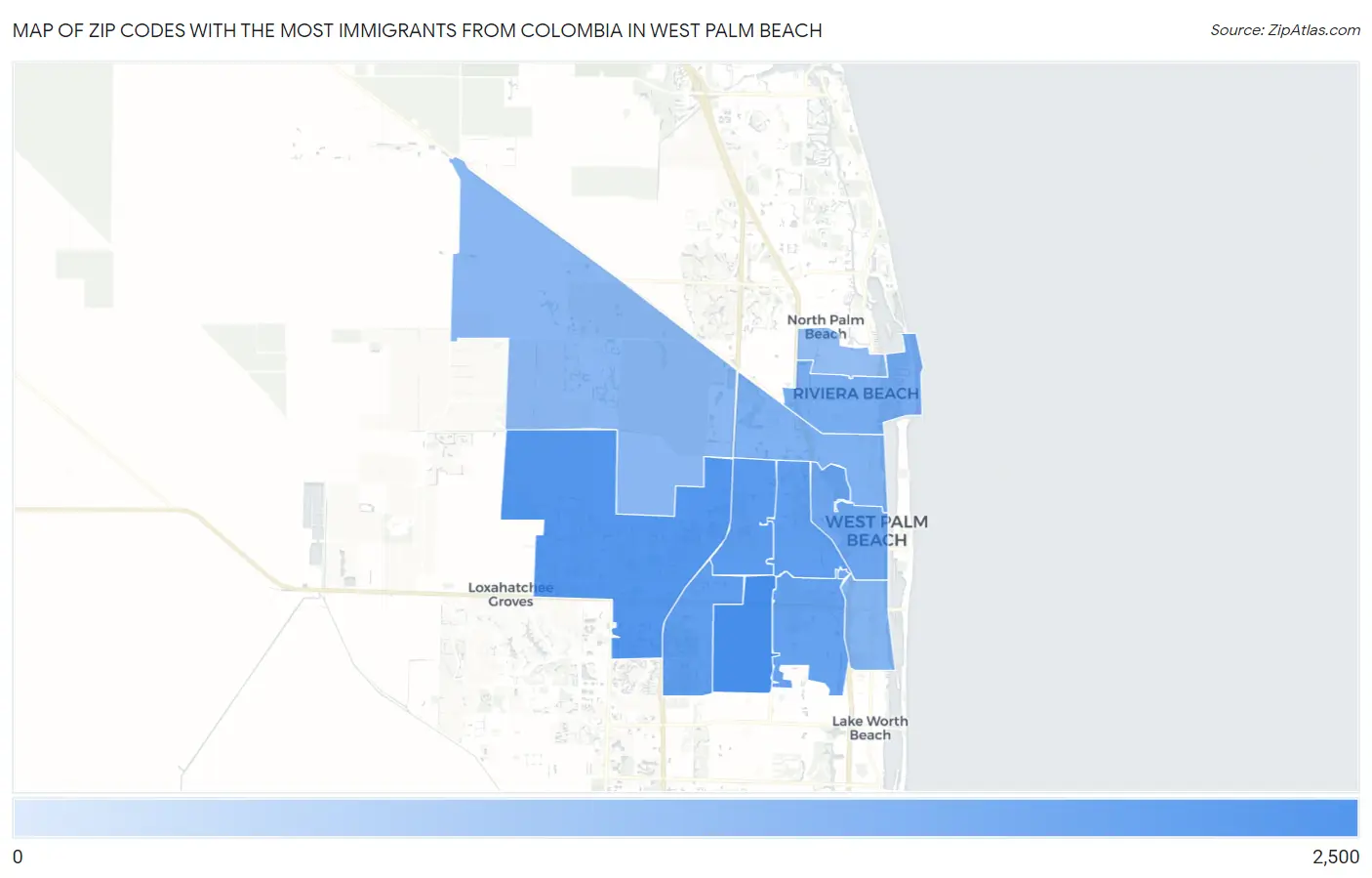 Zip Codes with the Most Immigrants from Colombia in West Palm Beach Map