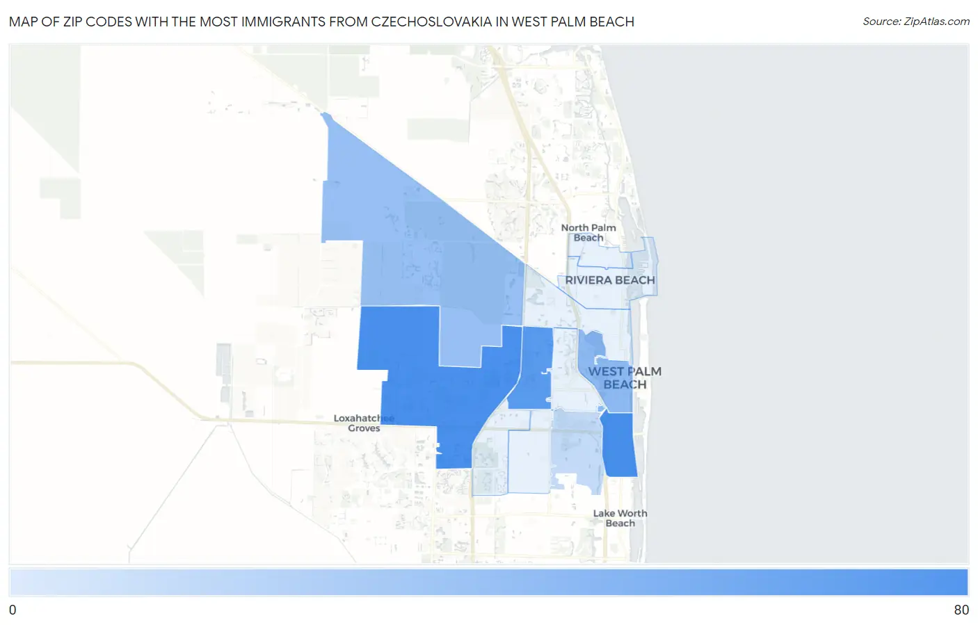 Zip Codes with the Most Immigrants from Czechoslovakia in West Palm Beach Map