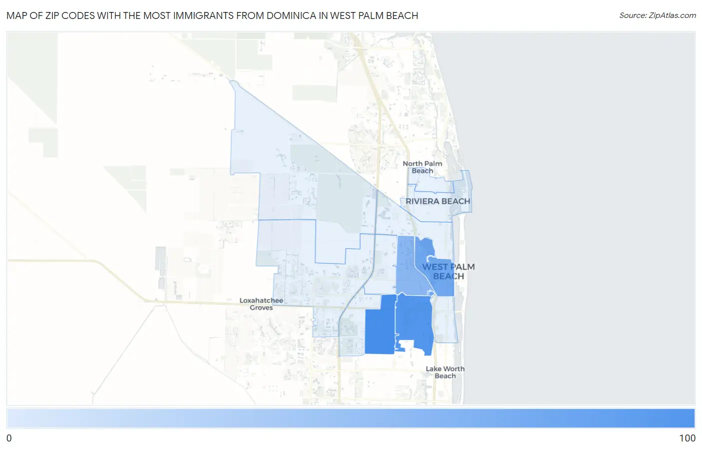 Zip Codes with the Most Immigrants from Dominica in West Palm Beach Map