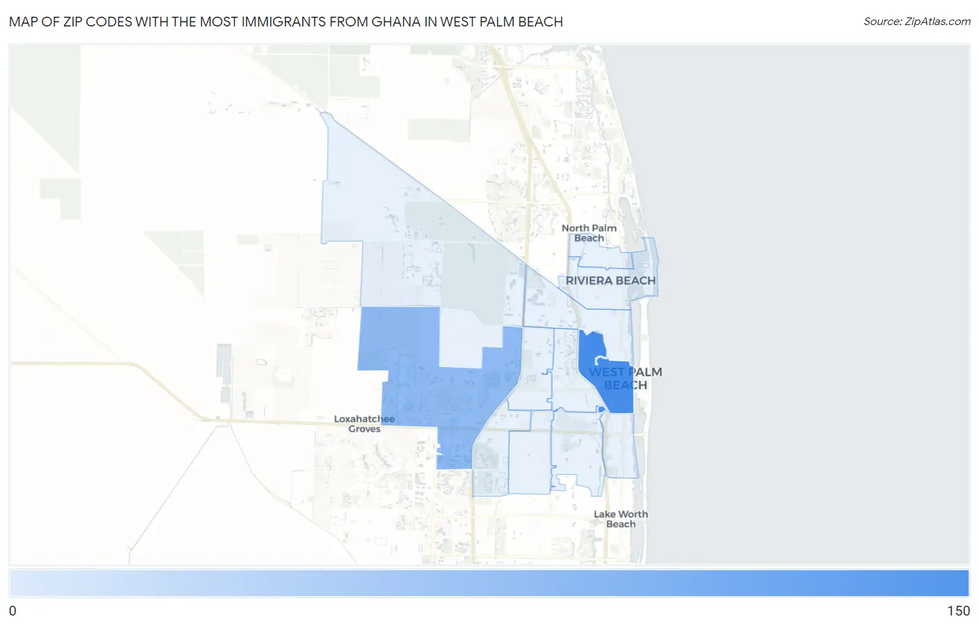 Zip Codes with the Most Immigrants from Ghana in West Palm Beach Map