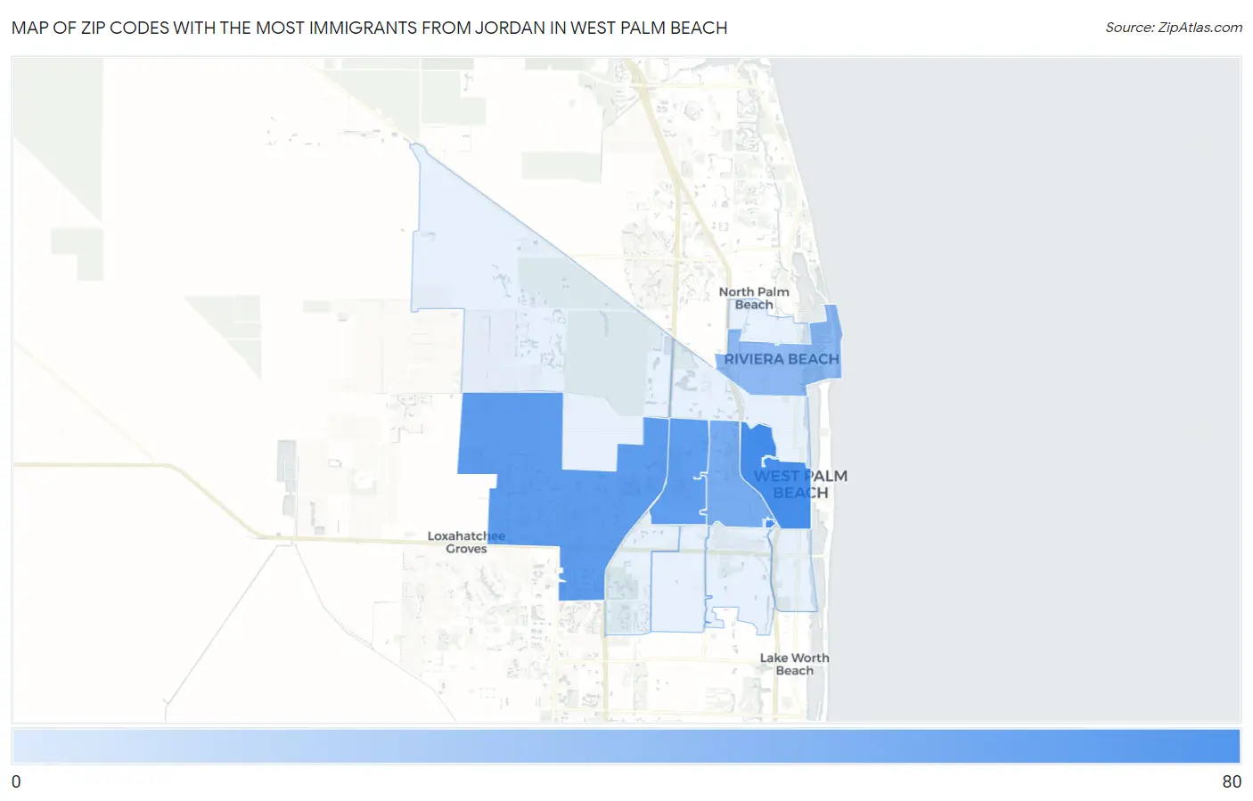 Zip Codes with the Most Immigrants from Jordan in West Palm Beach Map