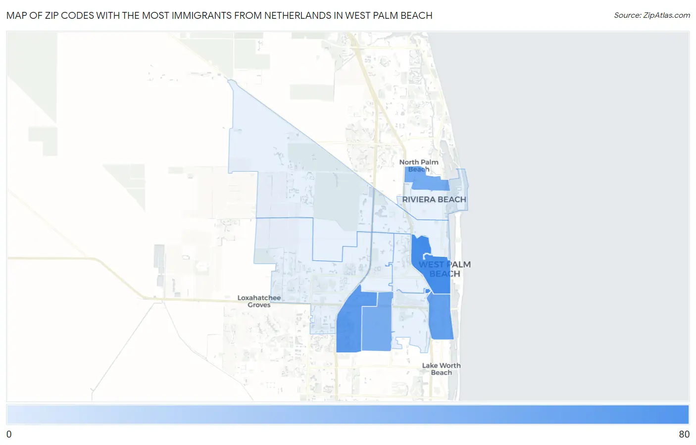 Zip Codes with the Most Immigrants from Netherlands in West Palm Beach Map