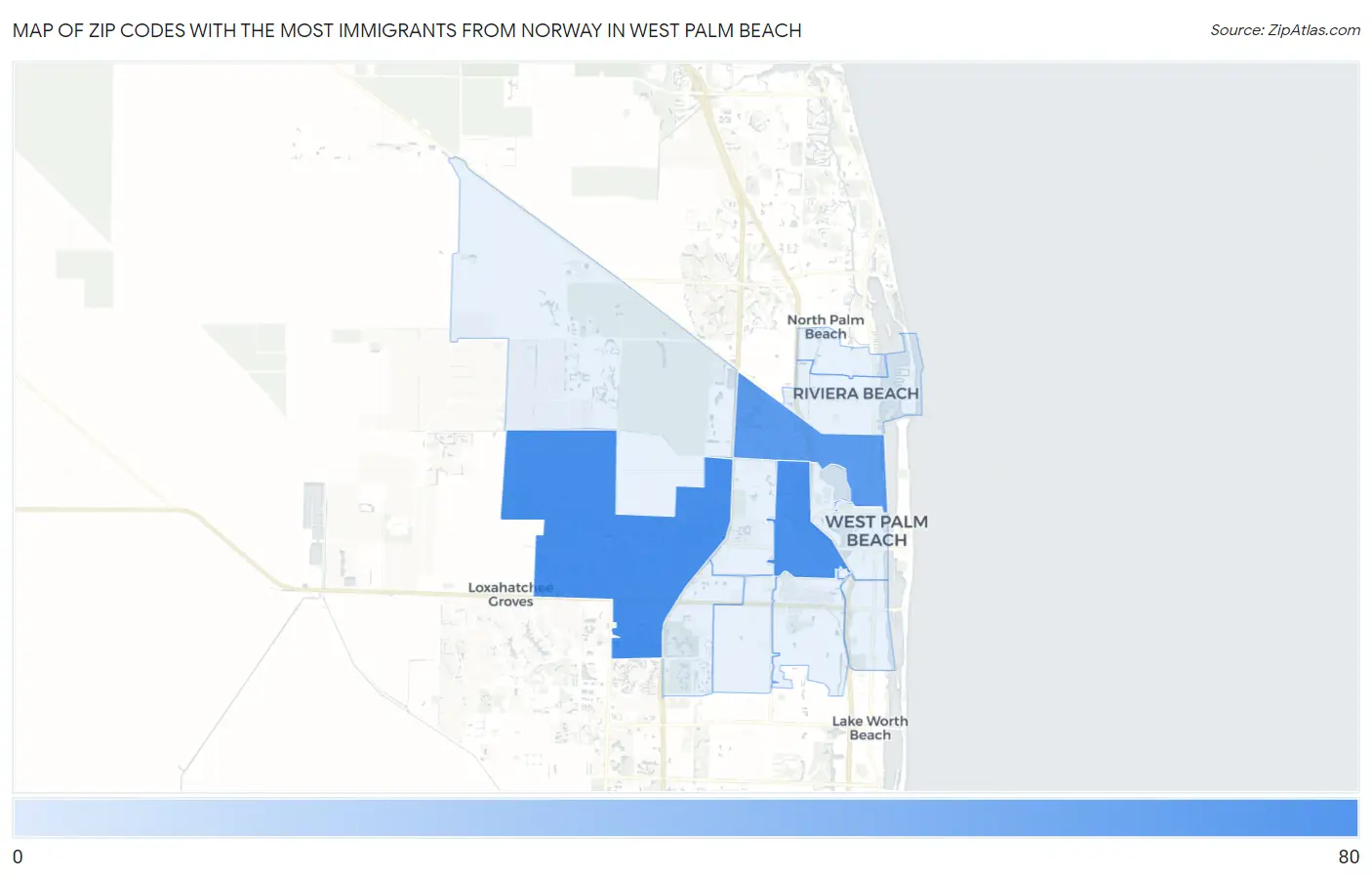 Zip Codes with the Most Immigrants from Norway in West Palm Beach Map