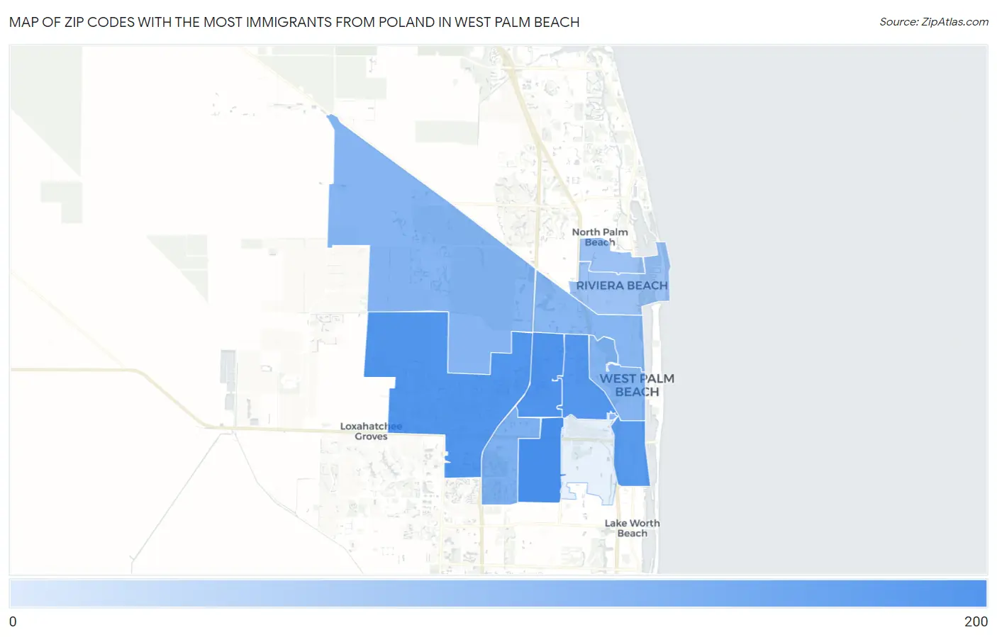 Zip Codes with the Most Immigrants from Poland in West Palm Beach Map