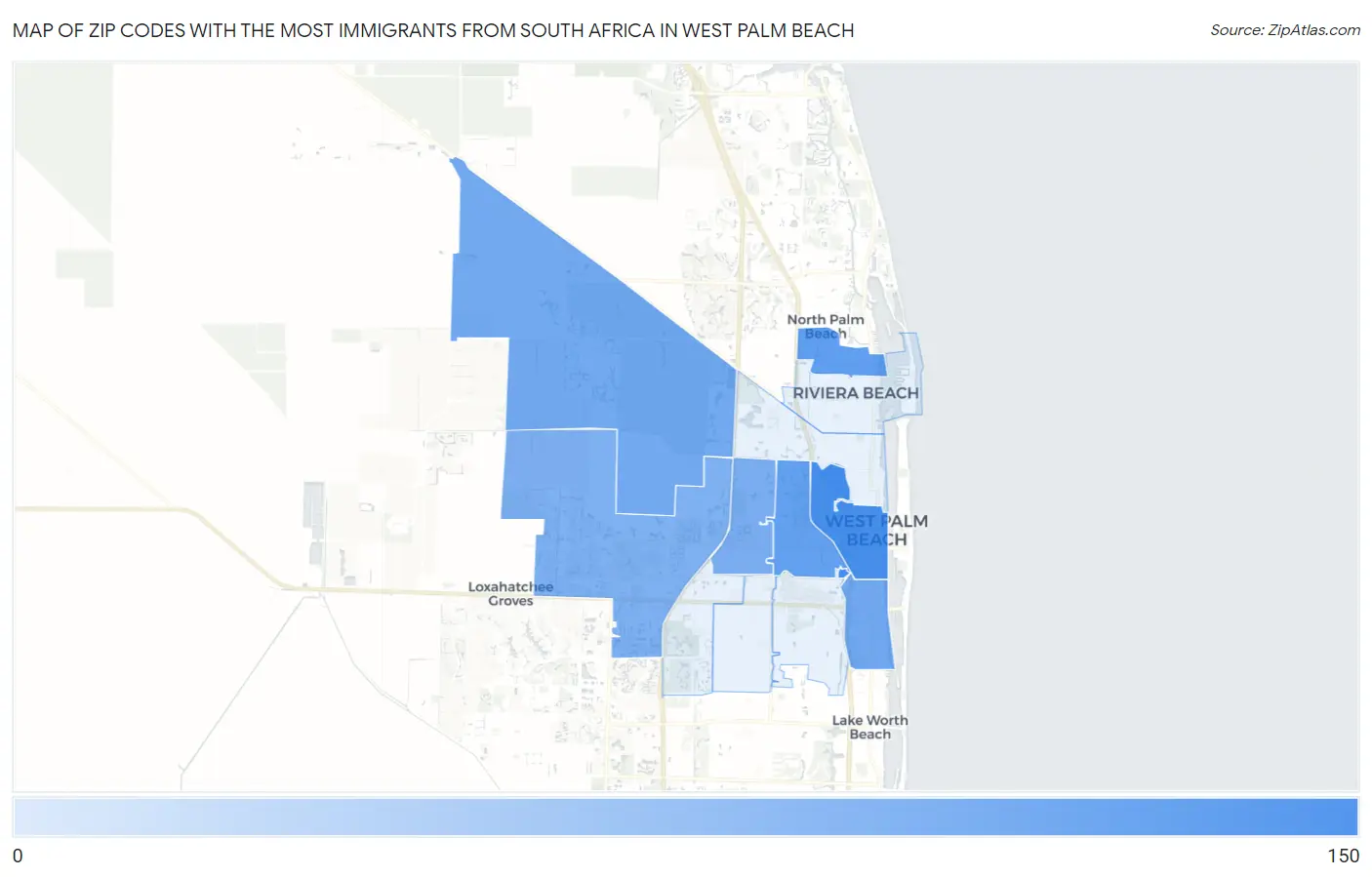 Zip Codes with the Most Immigrants from South Africa in West Palm Beach Map