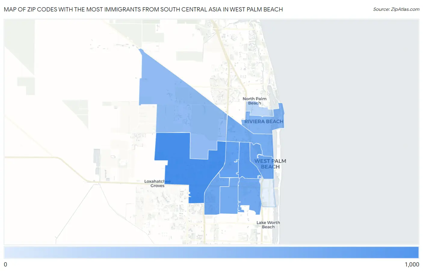 Zip Codes with the Most Immigrants from South Central Asia in West Palm Beach Map