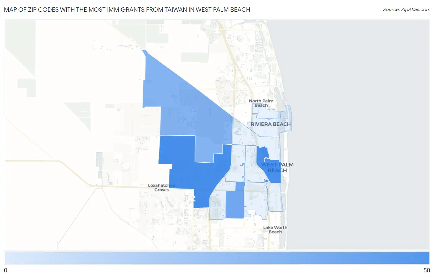 Zip Codes with the Most Immigrants from Taiwan in West Palm Beach Map