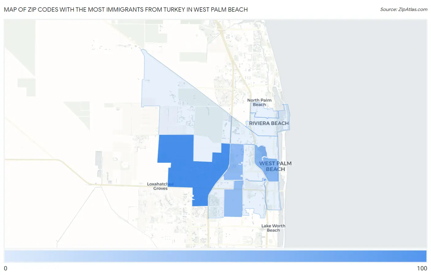 Zip Codes with the Most Immigrants from Turkey in West Palm Beach Map