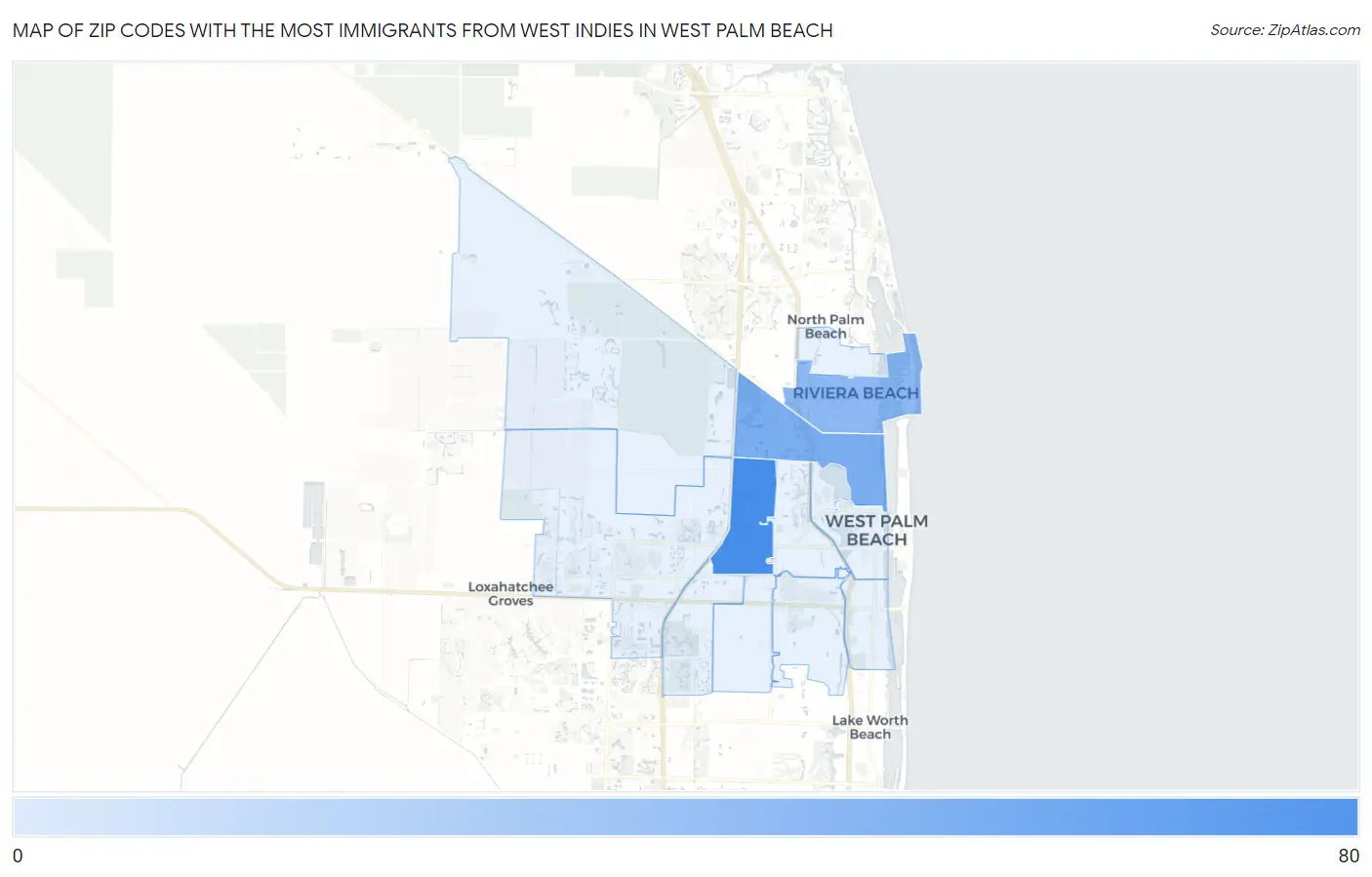 Zip Codes with the Most Immigrants from West Indies in West Palm Beach Map