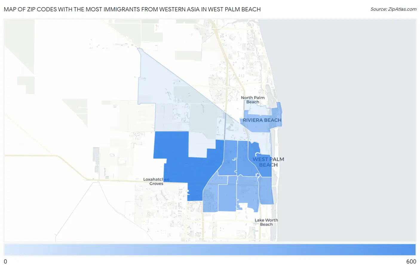 Zip Codes with the Most Immigrants from Western Asia in West Palm Beach Map