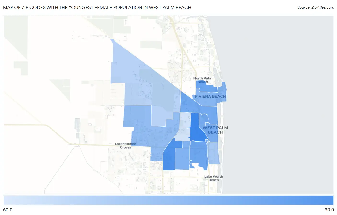 Zip Codes with the Youngest Female Population in West Palm Beach Map