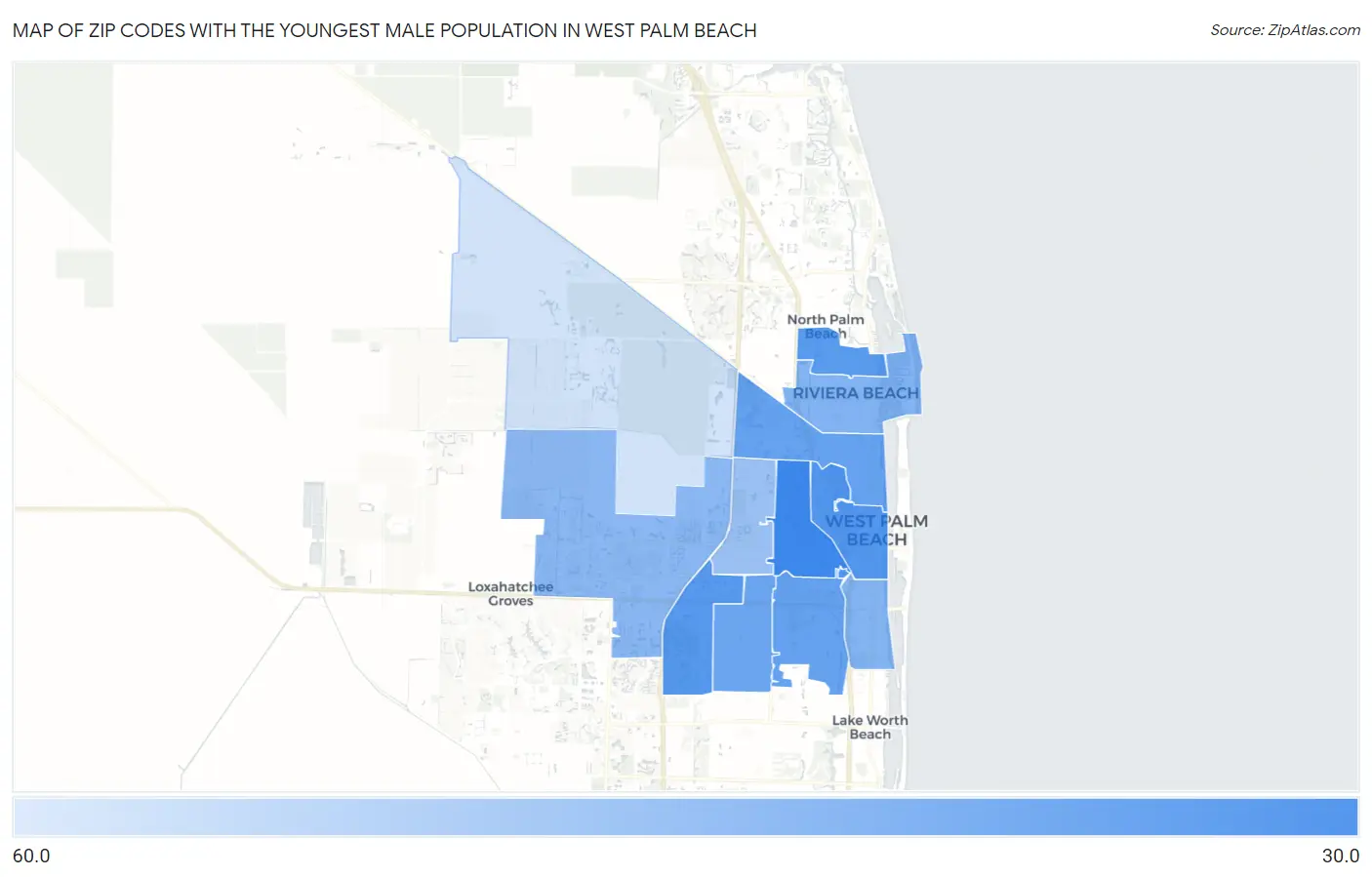 Zip Codes with the Youngest Male Population in West Palm Beach Map