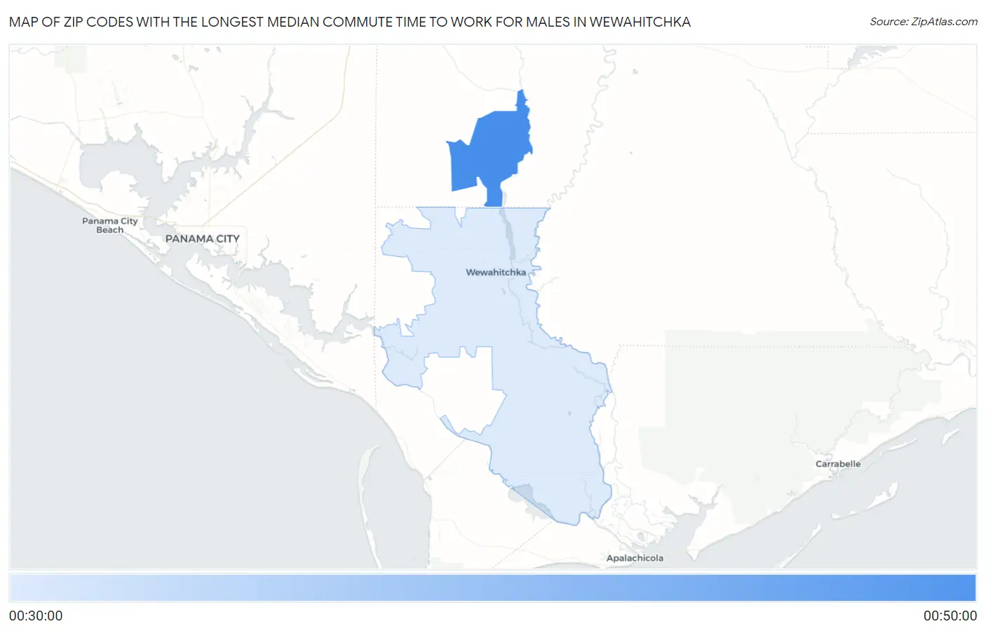 Zip Codes with the Longest Median Commute Time to Work for Males in Wewahitchka Map