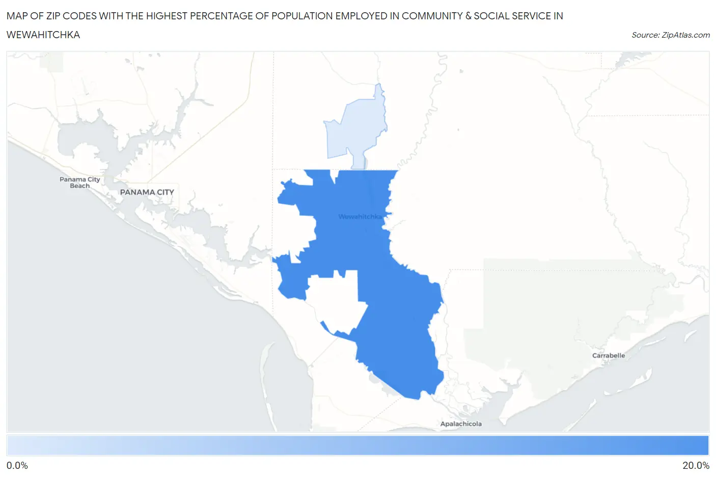 Zip Codes with the Highest Percentage of Population Employed in Community & Social Service  in Wewahitchka Map