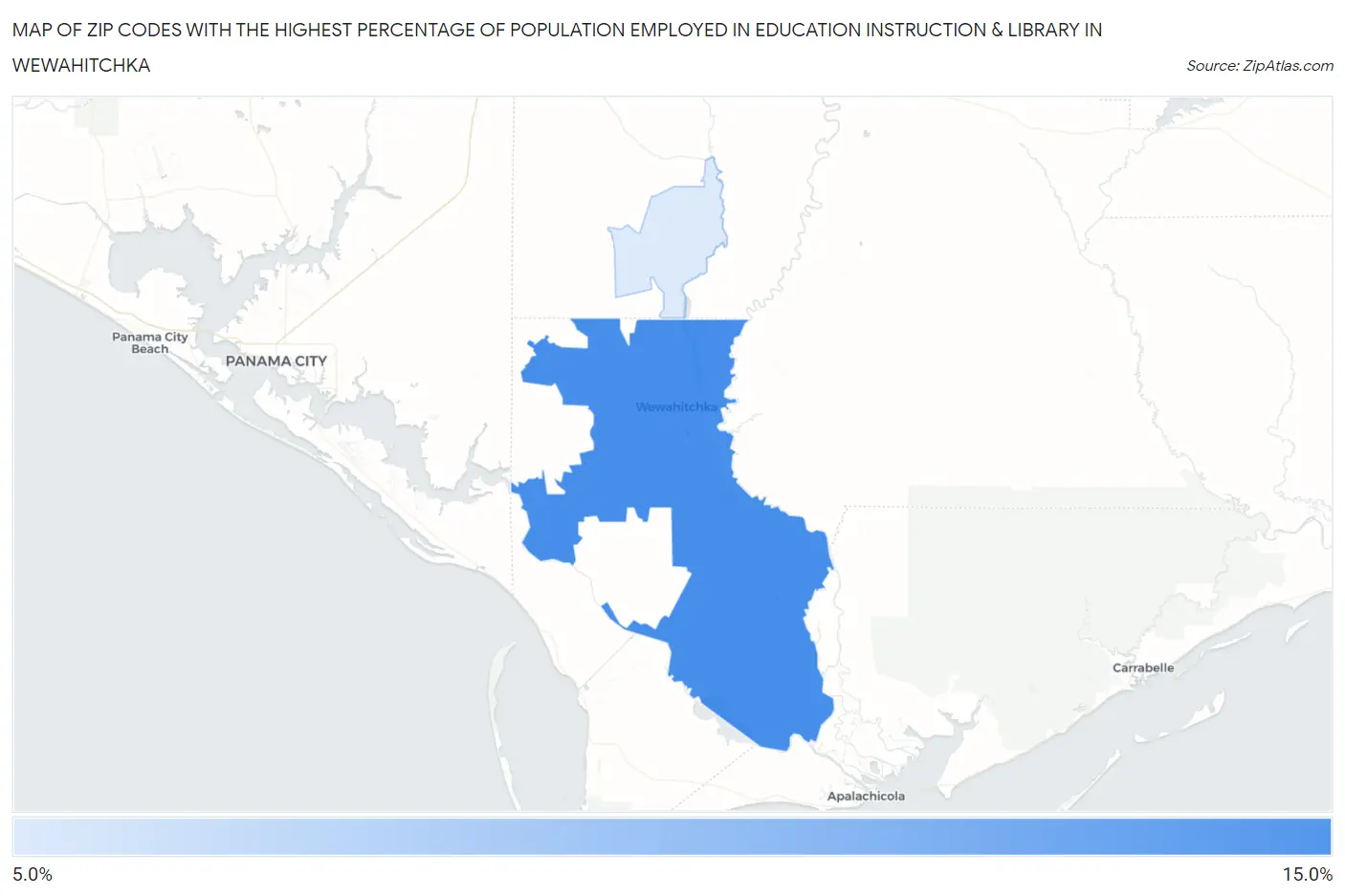 Zip Codes with the Highest Percentage of Population Employed in Education Instruction & Library in Wewahitchka Map