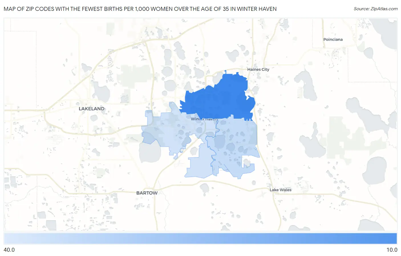 Zip Codes with the Fewest Births per 1,000 Women Over the Age of 35 in Winter Haven Map