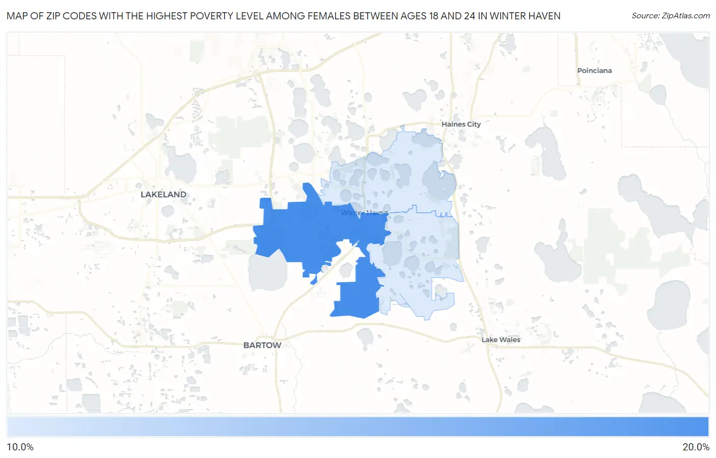 Zip Codes with the Highest Poverty Level Among Females Between Ages 18 and 24 in Winter Haven Map