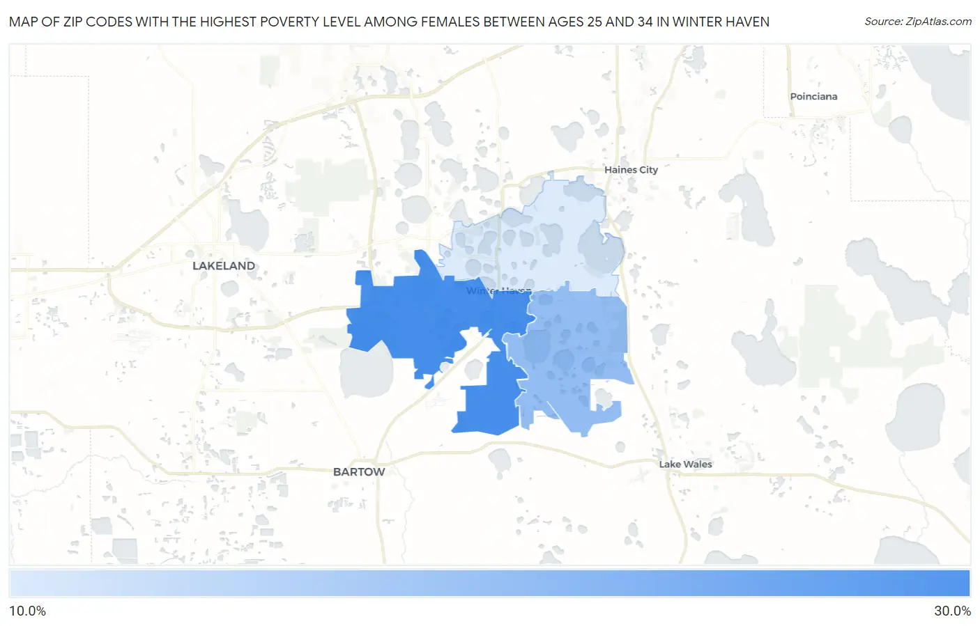 Zip Codes with the Highest Poverty Level Among Females Between Ages 25 and 34 in Winter Haven Map