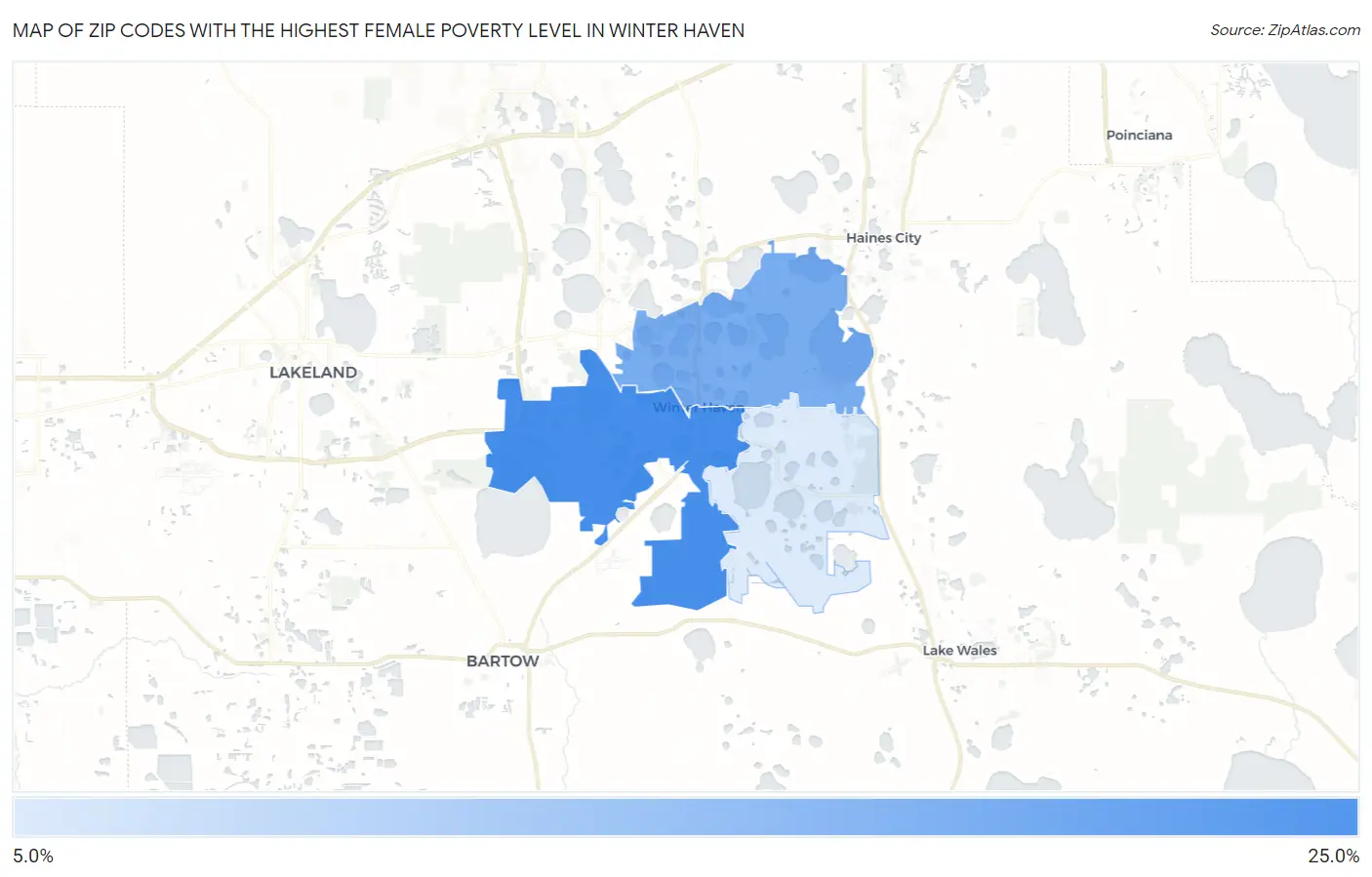 Zip Codes with the Highest Female Poverty Level in Winter Haven Map