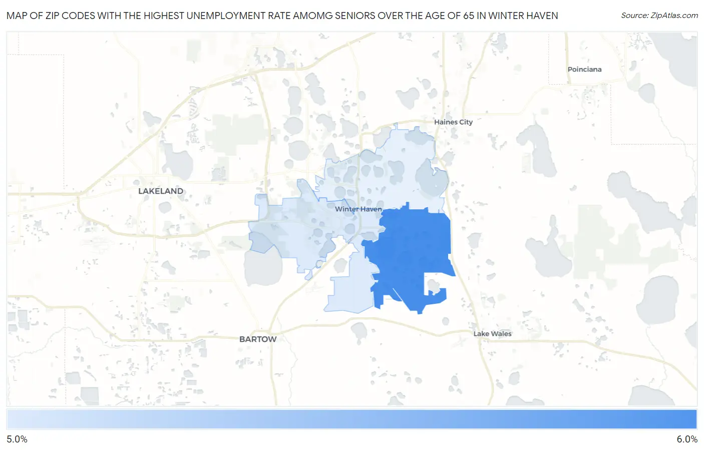 Zip Codes with the Highest Unemployment Rate Amomg Seniors Over the Age of 65 in Winter Haven Map