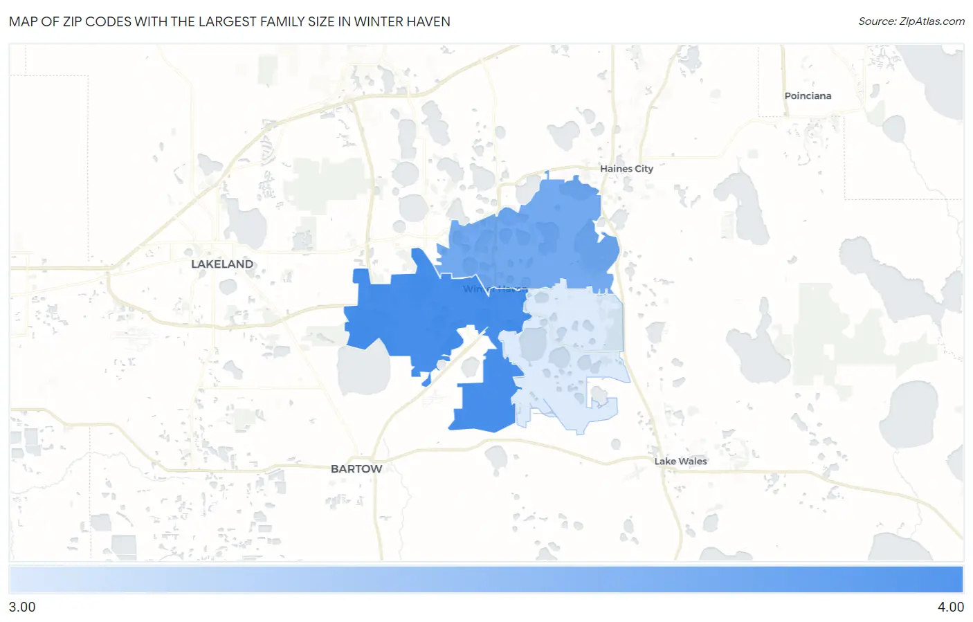 Zip Codes with the Largest Family Size in Winter Haven Map