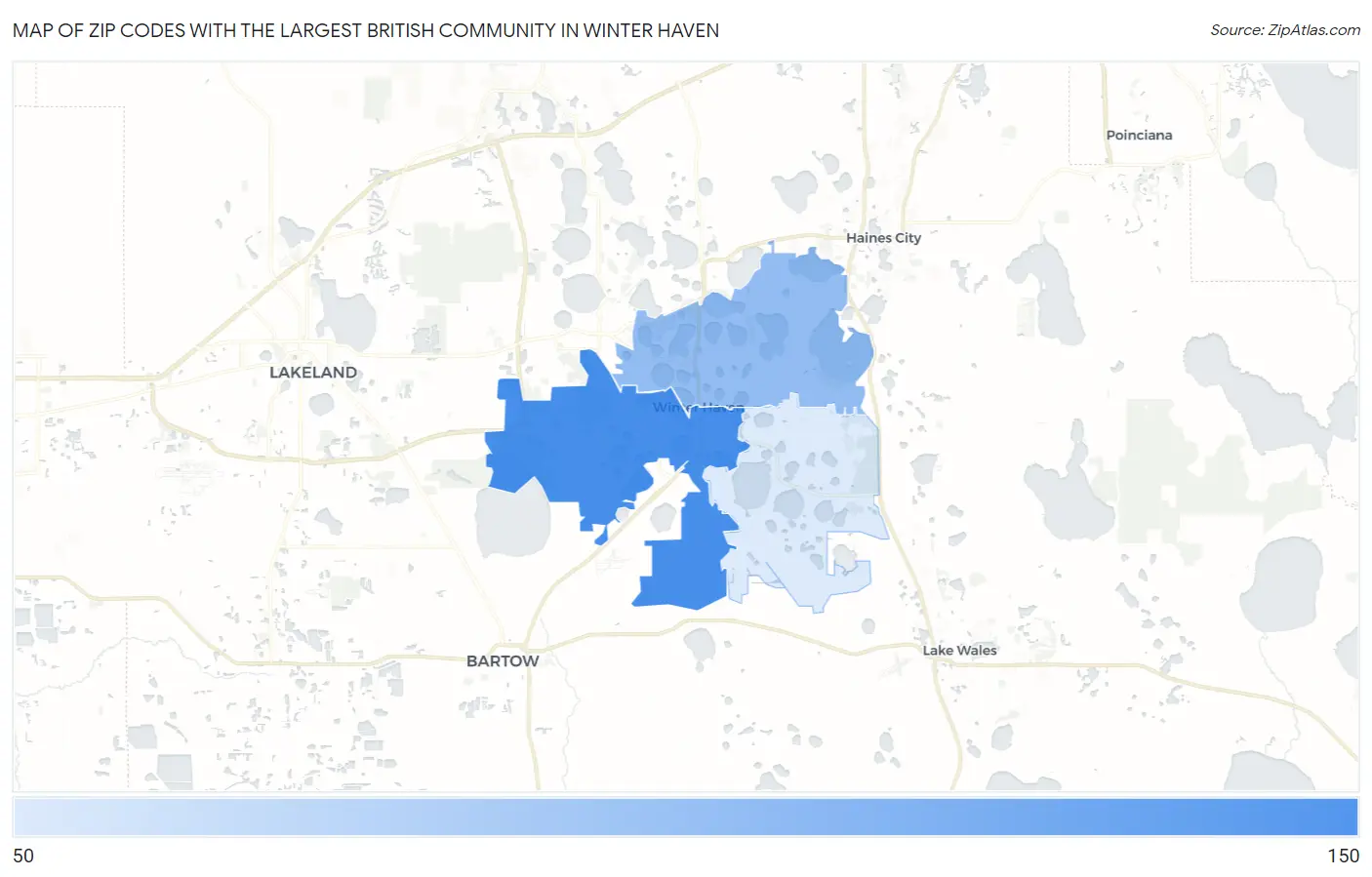 Zip Codes with the Largest British Community in Winter Haven Map