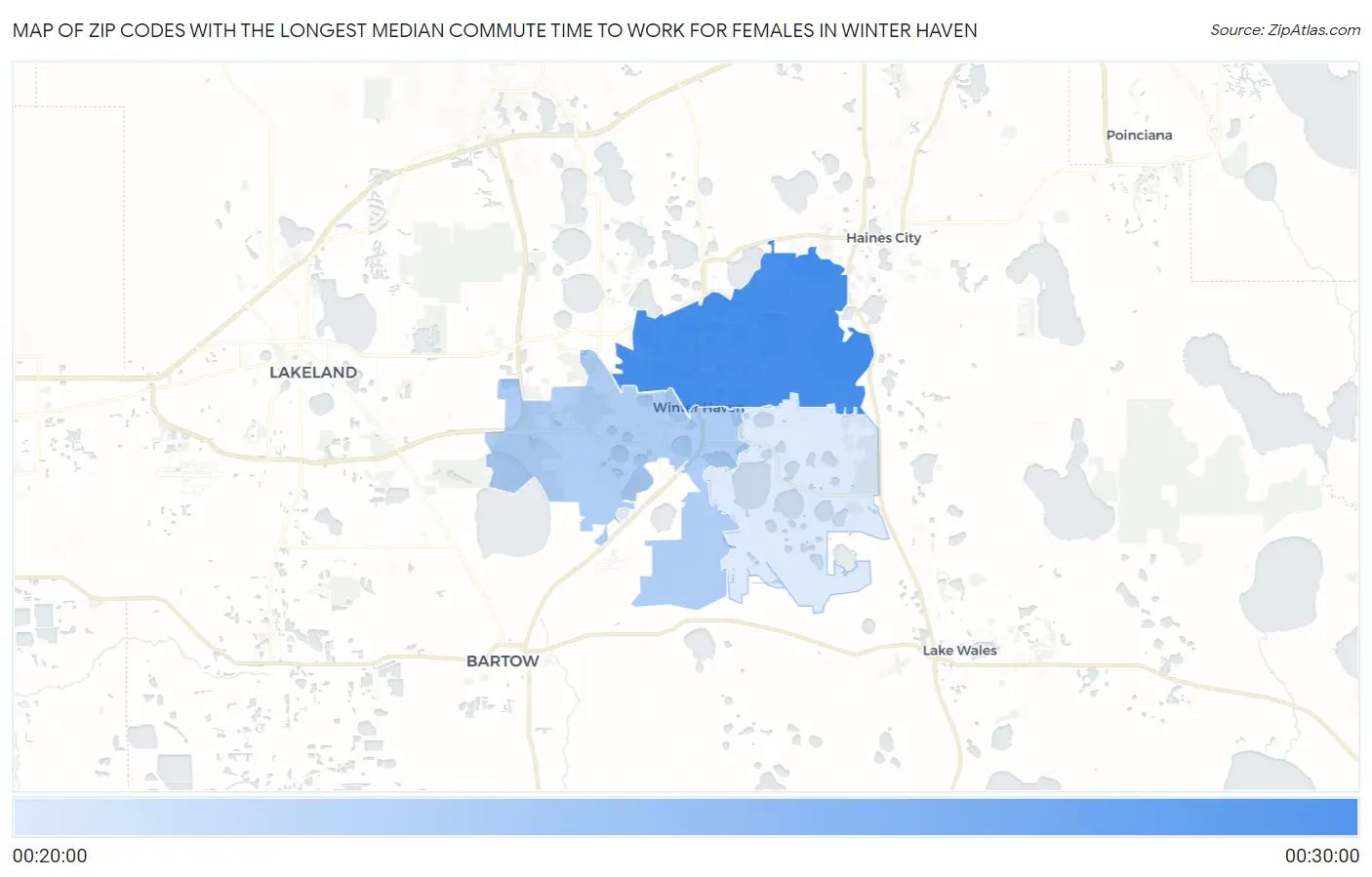 Zip Codes with the Longest Median Commute Time to Work for Females in Winter Haven Map