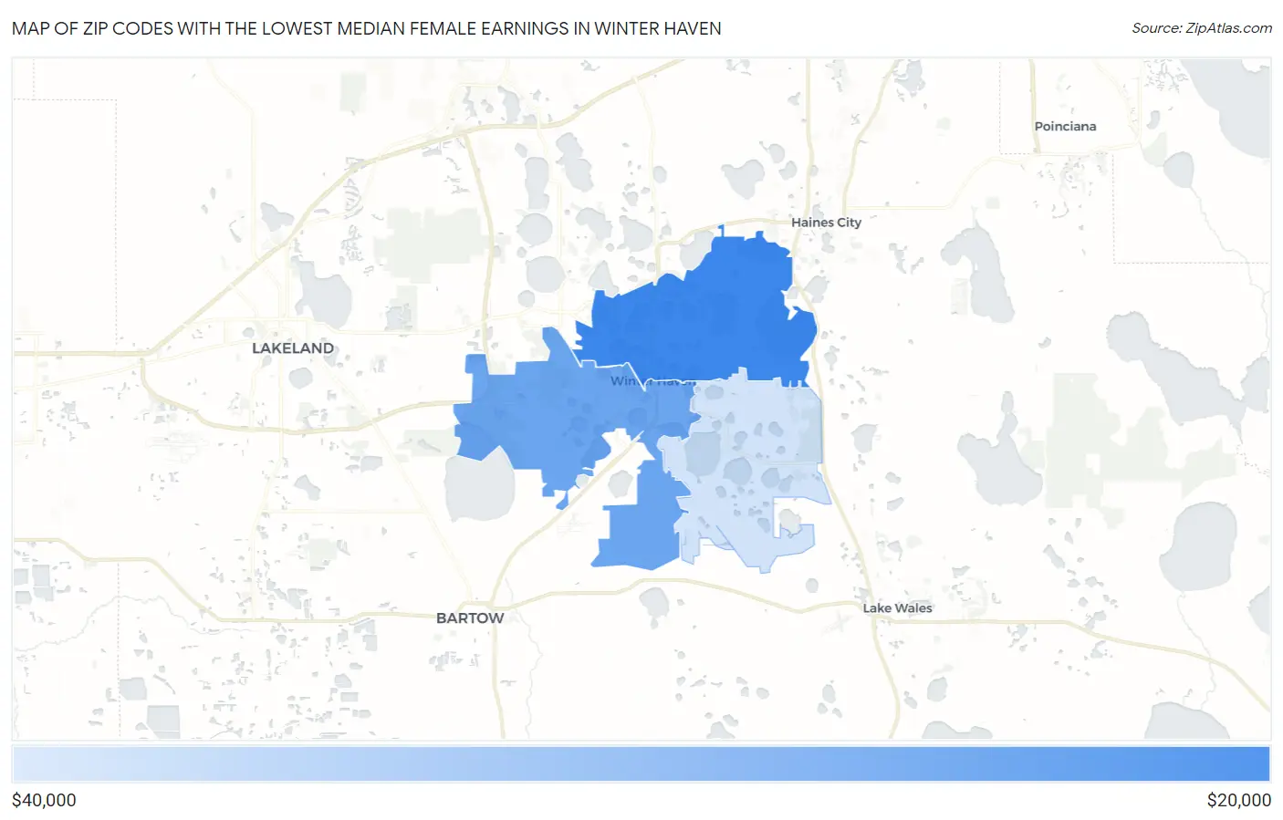 Zip Codes with the Lowest Median Female Earnings in Winter Haven Map
