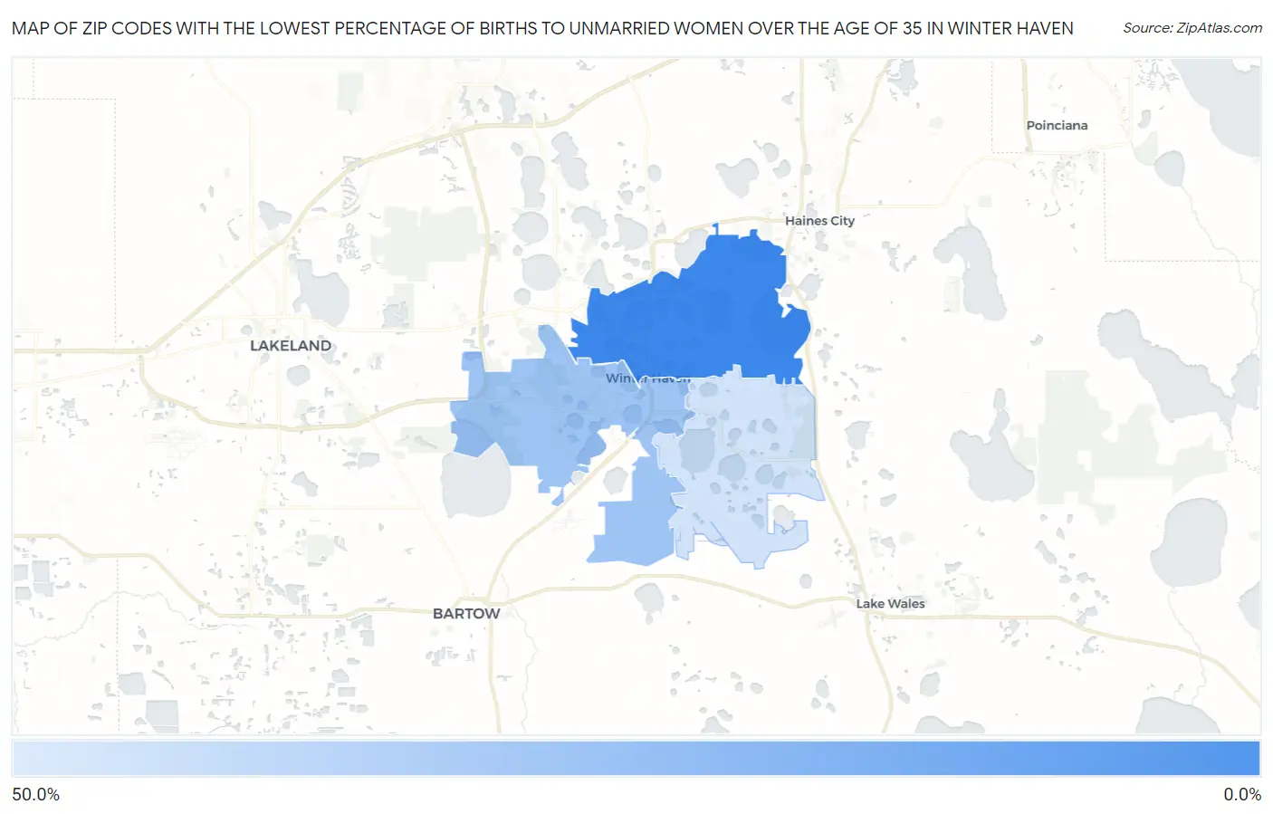 Zip Codes with the Lowest Percentage of Births to Unmarried Women over the Age of 35 in Winter Haven Map