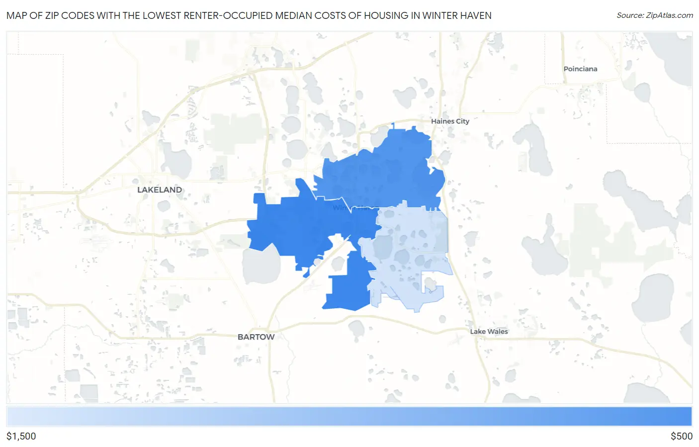 Zip Codes with the Lowest Renter-Occupied Median Costs of Housing in Winter Haven Map