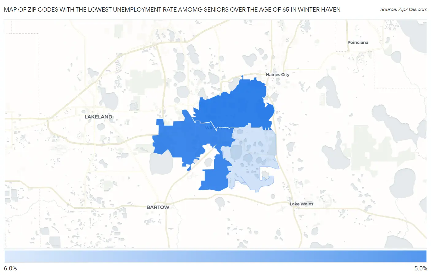 Zip Codes with the Lowest Unemployment Rate Amomg Seniors Over the Age of 65 in Winter Haven Map