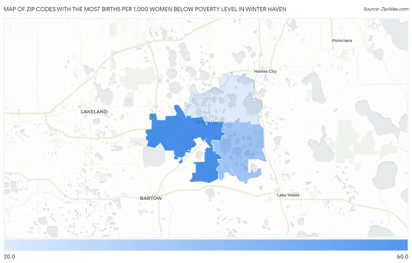 Zip Codes with the Most Births per 1,000 Women Below Poverty Level in Winter Haven Map