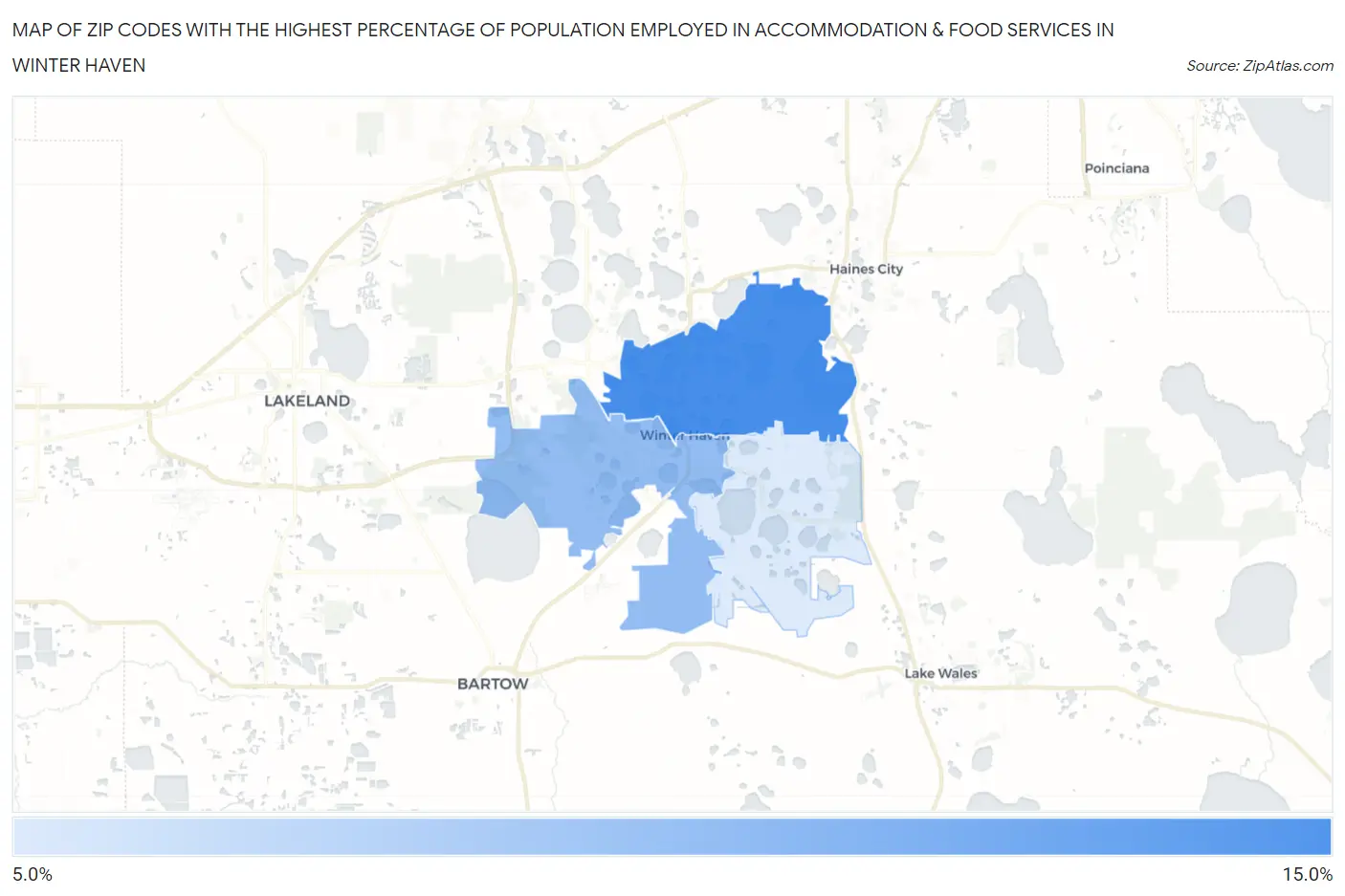 Zip Codes with the Highest Percentage of Population Employed in Accommodation & Food Services in Winter Haven Map