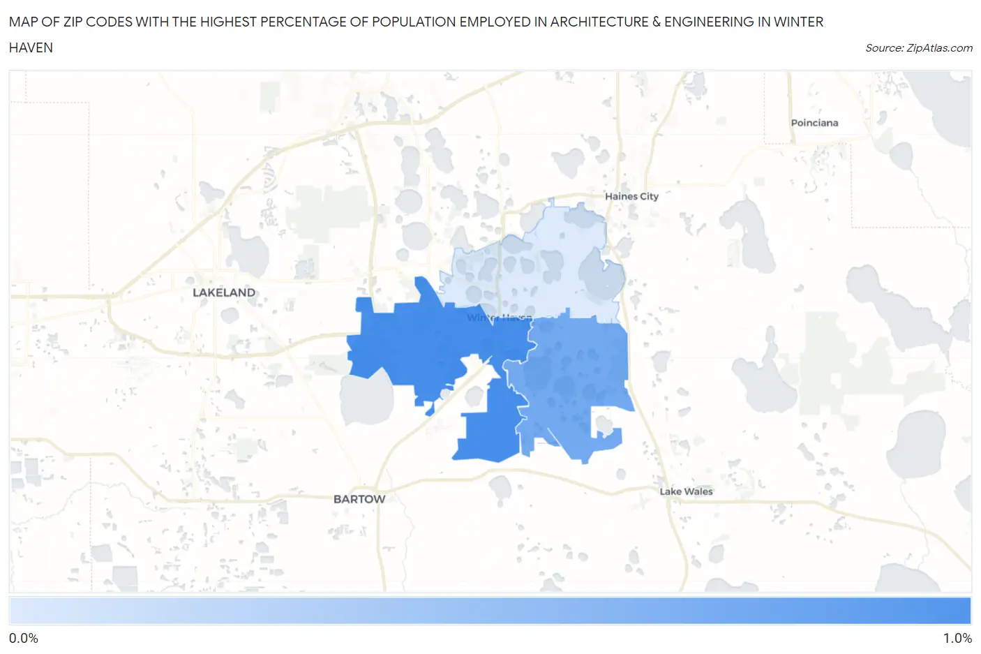 Zip Codes with the Highest Percentage of Population Employed in Architecture & Engineering in Winter Haven Map