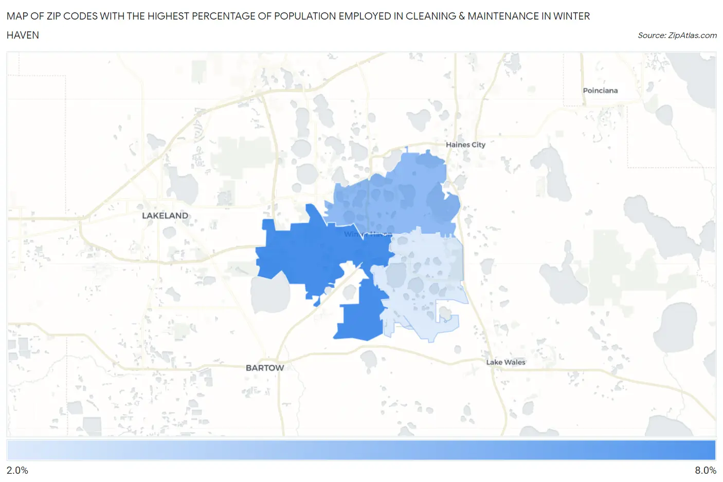 Zip Codes with the Highest Percentage of Population Employed in Cleaning & Maintenance in Winter Haven Map