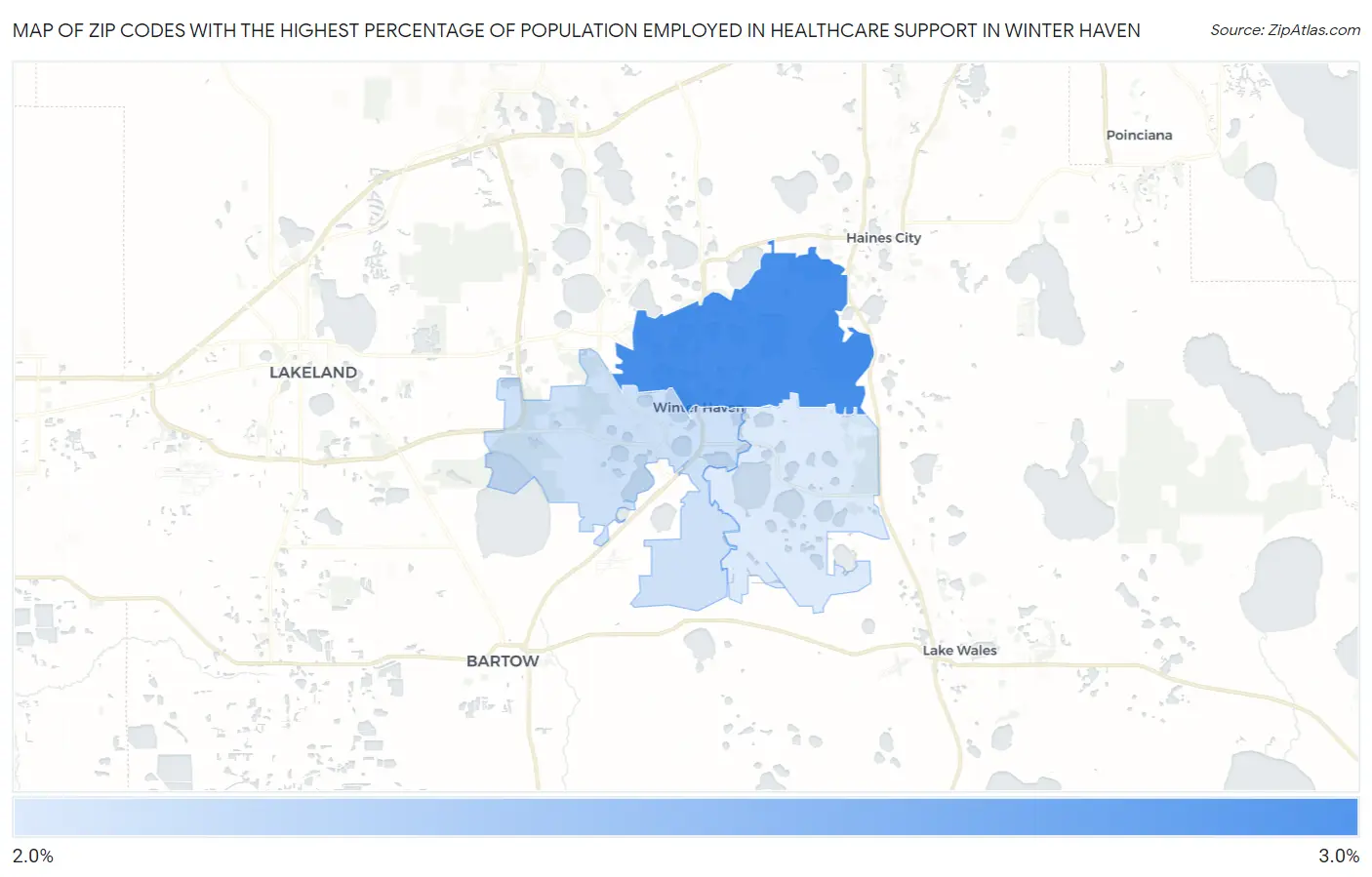 Zip Codes with the Highest Percentage of Population Employed in Healthcare Support in Winter Haven Map