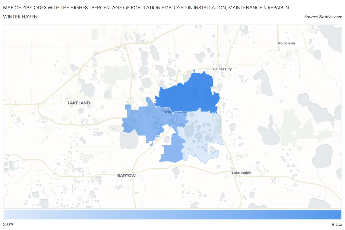 Zip Codes with the Highest Percentage of Population Employed in Installation, Maintenance & Repair in Winter Haven Map