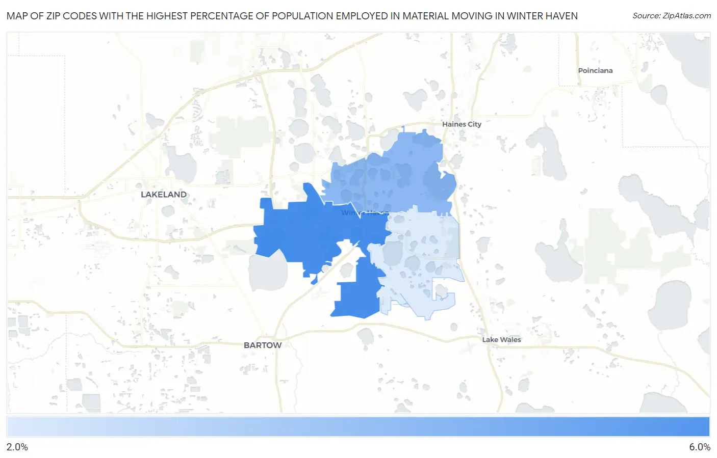 Zip Codes with the Highest Percentage of Population Employed in Material Moving in Winter Haven Map