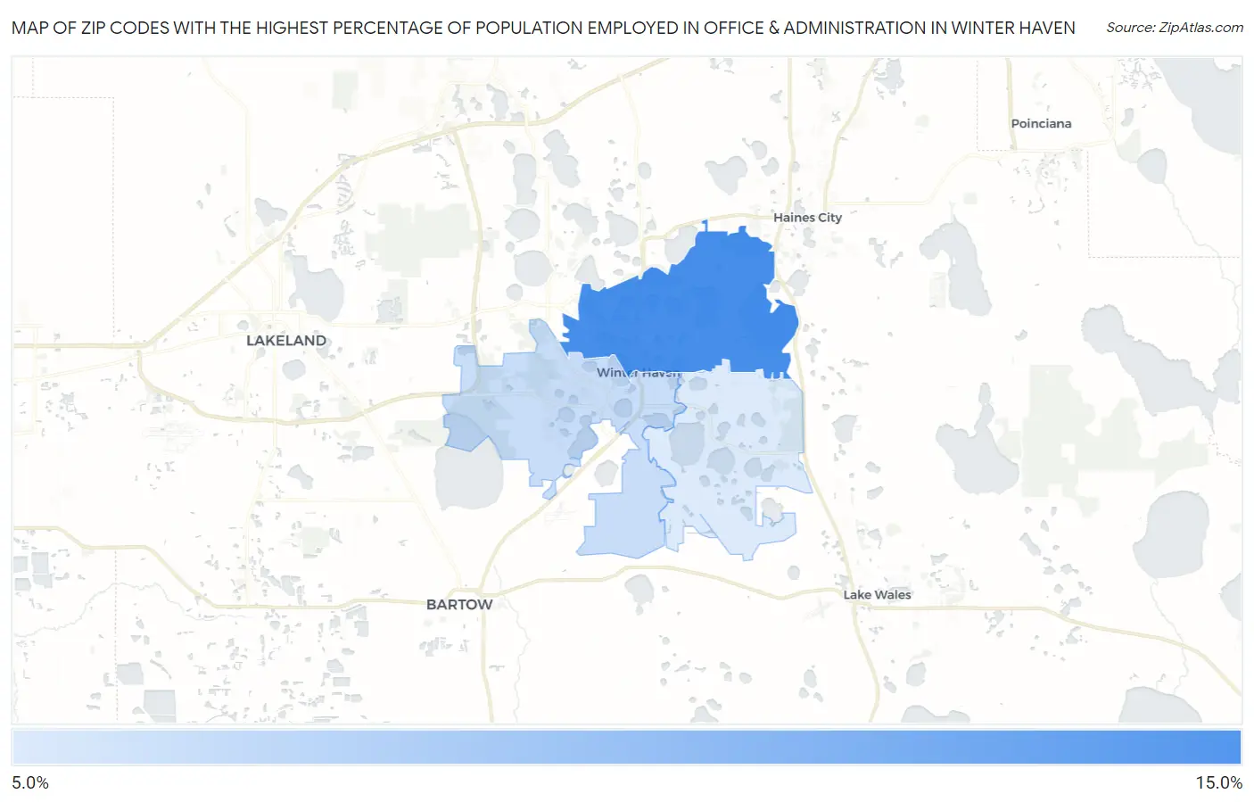 Zip Codes with the Highest Percentage of Population Employed in Office & Administration in Winter Haven Map